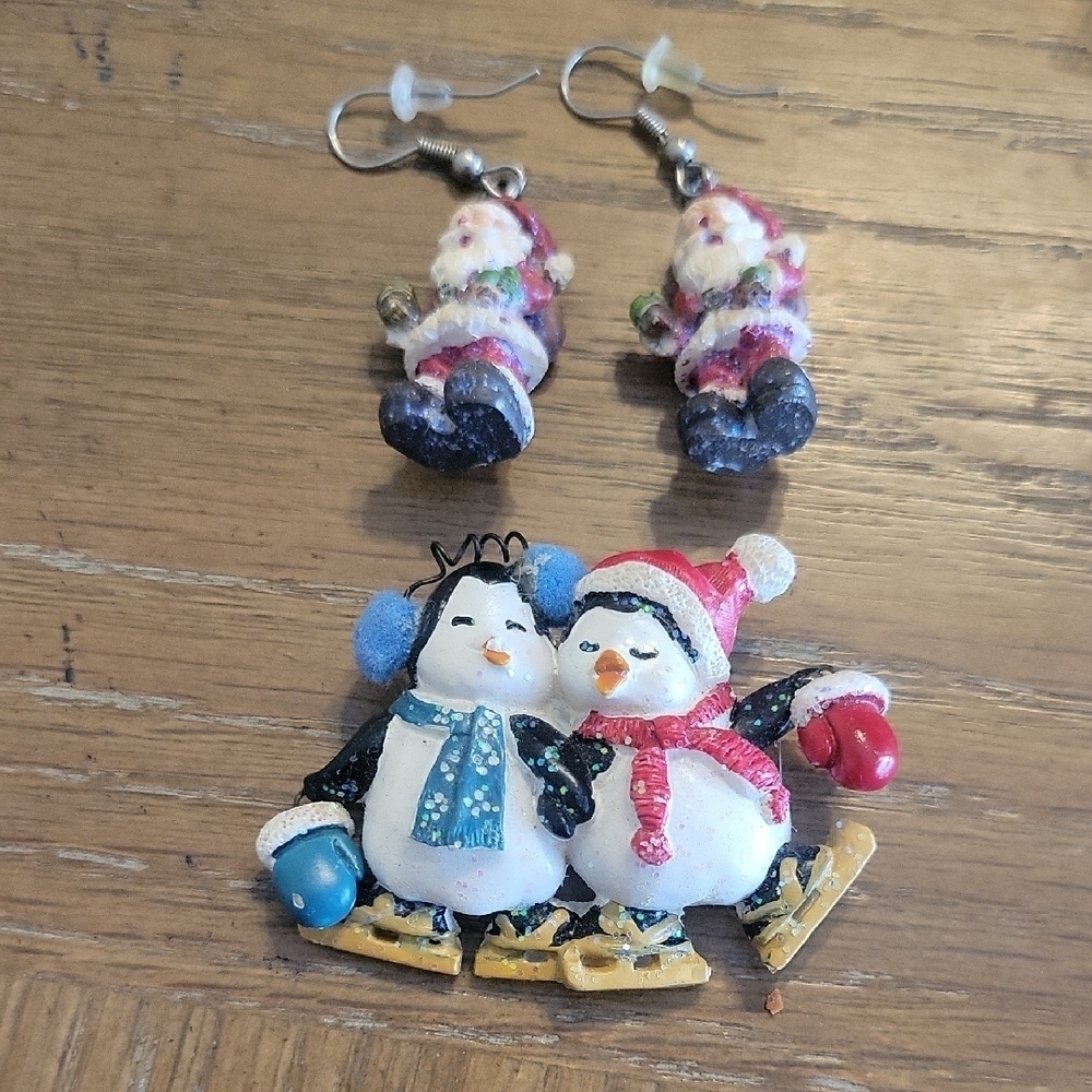 Holiday Penguin brooch and pierced Santa Earrings Set